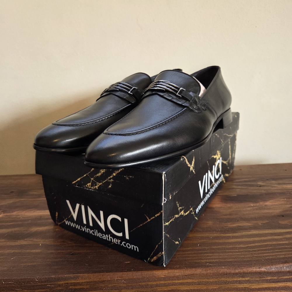 VINCI Men's Black Leather Slip-On Loafers